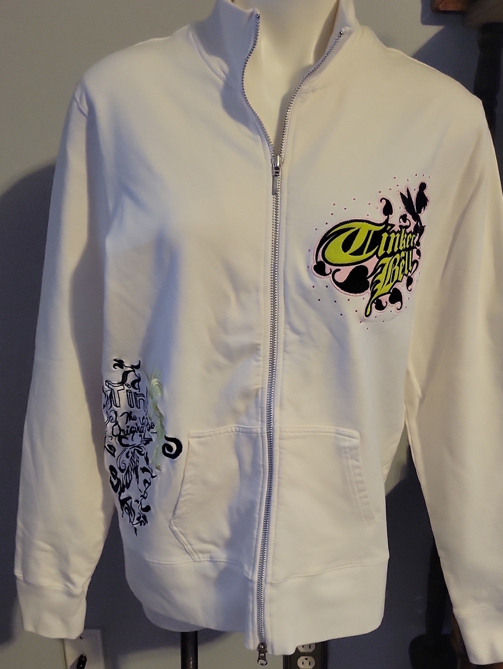 DisneyResort Women's White Zip-Up TINKERBELL Jacket with Neon Graphic..size XXL